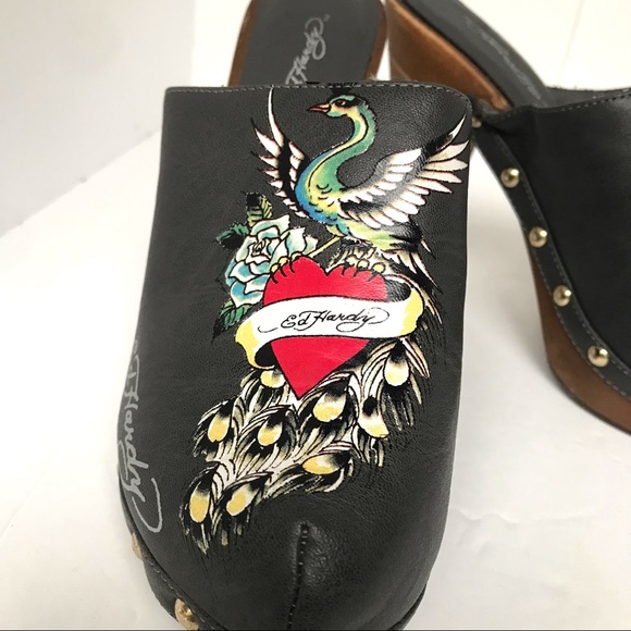 Ed Hardy peacock heart flash traditional tattoo leather clog studded heels - Picture 4 of 11